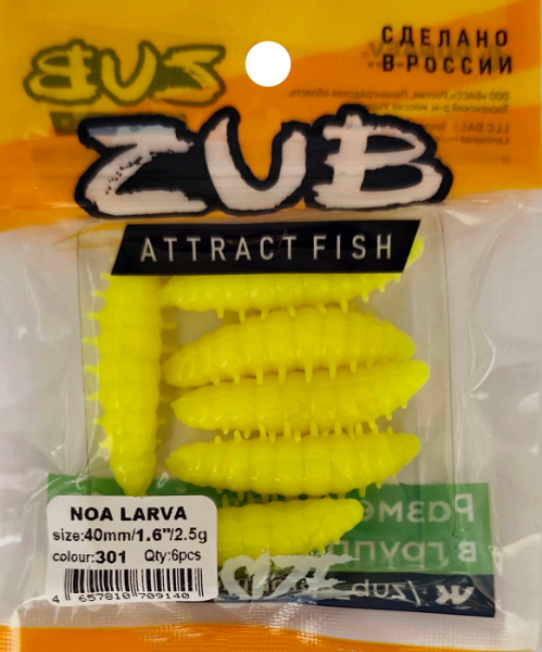 Приманка ZUB Noa Larva  40мм(1,6") -6шт, (цвет 301) желтый Приманка ZUB Noa Larva  40мм(1,6") -6шт, (цвет 301) желтый