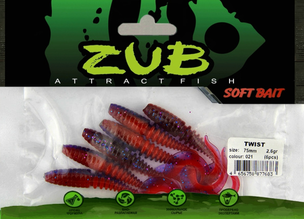 Приманка ZUB-TWIST  75мм(3")-6шт, (цвет 021) фиолетовый верх-красный низ Приманка ZUB-TWIST  75мм(3")-6шт, (цвет 021) фиолетовый верх-красный низ