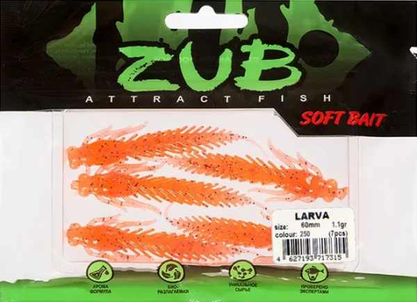 Приманка ZUB-LARVA  60мм(2,4")-7шт, (цвет 250) морковный с блестками Приманка ZUB-LARVA  60мм(2,4")-7шт, (цвет 250) морковный с блестками
