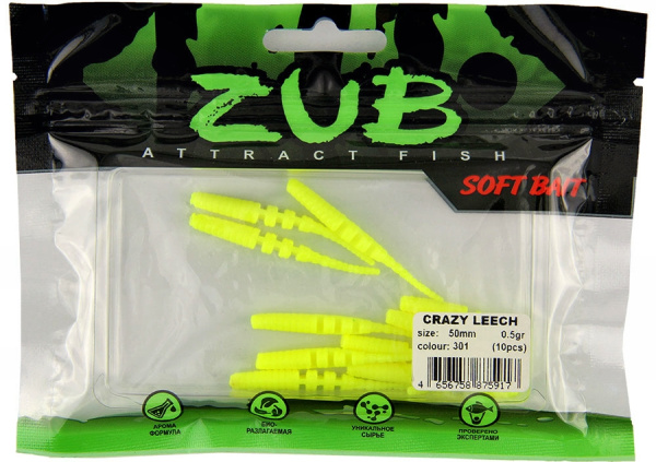 Приманка ZUB-CRAZY LEECH 50мм(2")-10шт, (цвет 301) желтый Приманка ZUB-CRAZY LEECH 50мм(2")-10шт, (цвет 301) желтый