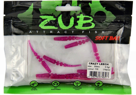 Приманка ZUB-CRAZY LEECH 50мм(2")-10шт, (цвет 130) маджента с блестками