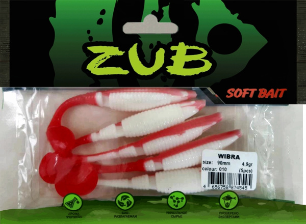 Приманка ZUB-WIBRA  90мм(3,5")-5шт, (цвет 010) белое тело-красный хвост Приманка ZUB-WIBRA  90мм(3,5")-5шт, (цвет 010) белое тело-красный хвост