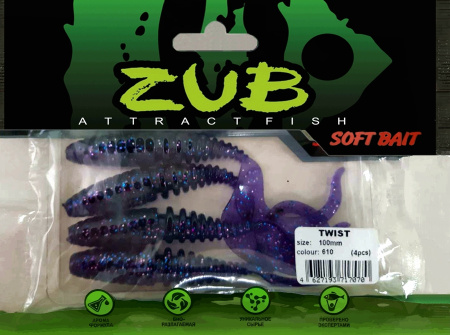 Приманка ZUB-TWIST 100мм(4")-4шт, (цвет 610) фиолетовый с блестками