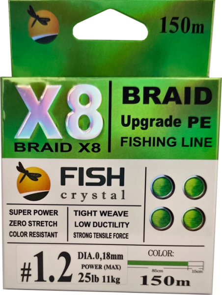 Плетёный шнур из 8-х нитей, FISH CRYSTAL NEON GREEN, # 1.2. Ø 0.18мм, 150м, 11.0кг