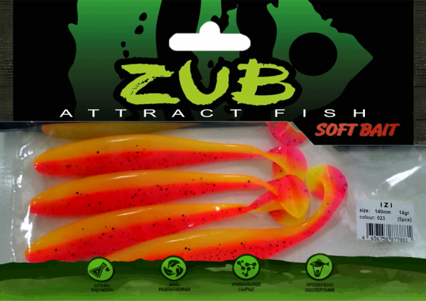Приманка ZUB-IZI 140мм(5,5")-5шт, (цвет 023) розовый верх - желтый низ