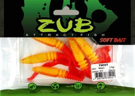 Приманка ZUB-TWIST  90мм(3,5")-5шт, (цвет 011) желтое тело-красный хвост