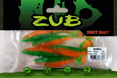 Приманка ZUB-WIBRA  90мм(3,5")-5шт, (цвет 022) зеленый верх-оранжевый низ Приманка ZUB-WIBRA  90мм(3,5")-5шт, (цвет 022) зеленый верх-оранжевый низ