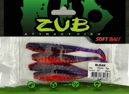 Приманка ZUB-BLEAK 100мм(4")-4шт, (цвет 021) фиолетовый верх - красный низ