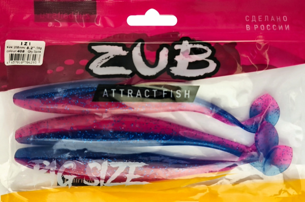 Приманка ZUB-IZI 208мм(8,2")-3шт, (Цвет 408) синий верх - розовый низ