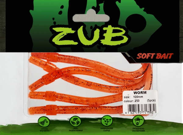 Приманка ZUB-WORM 100мм(4")-5шт, (цвет 250) морковный с блестками Приманка ZUB-WORM 100мм(4")-5шт, (цвет 250) морковный с блестками