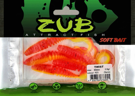 Приманка ZUB-TWIST  90мм(3,5")-5шт, (цвет 023) розовый верх - желтый низ