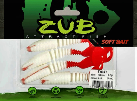 Приманка ZUB-TWIST 100мм(4")-4шт, (цвет 010) белое тело-красный хвост