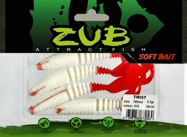 Приманка ZUB-TWIST 100мм(4")-4шт, (цвет 010) белое тело-красный хвост Приманка ZUB-TWIST 100мм(4")-4шт, (цвет 010) белое тело-красный хвост