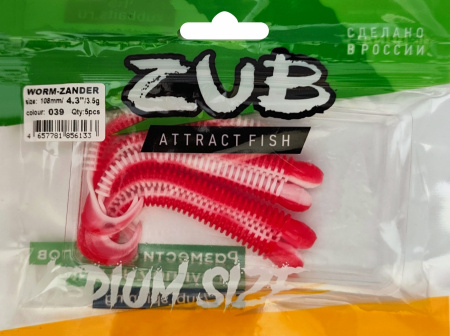 Приманка ZUB-WORM-ZANDER 108мм(4,3")-5шт, (цвет 039) красный верх-белый низ