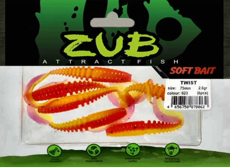 Приманка ZUB-TWIST  75мм(3")-6шт, (цвет 023) розовый верх - желтый низ