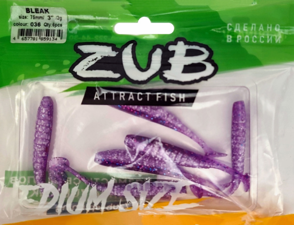 Приманка ZUB-BLEAK  75мм(3")-6шт, (цвет 036) фиолетовый верх - натурал низ Приманка ZUB-BLEAK  75мм(3")-6шт, (цвет 036) фиолетовый верх - натурал низ