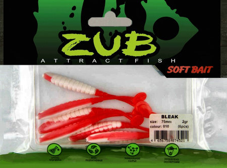 Приманка ZUB-BLEAK  75мм(3")-6шт, (цвет 010) белое тело - красный хвост