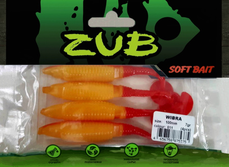 Приманка ZUB-WIBRA 100мм(4")-4шт, (цвет 011) желтое тело-красный хвост