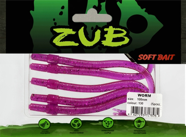 Приманка ZUB-WORM 100мм(4")-5шт, (цвет 130) маджента с блестками Приманка ZUB-WORM 100мм(4")-5шт, (цвет 130) маджента с блестками