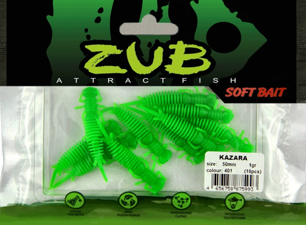 Приманка ZUB-KAZARA 50мм(2")-10шт, (цвет 401) зеленый Приманка ZUB-KAZARA 50мм(2")-10шт, (цвет 401) зеленый