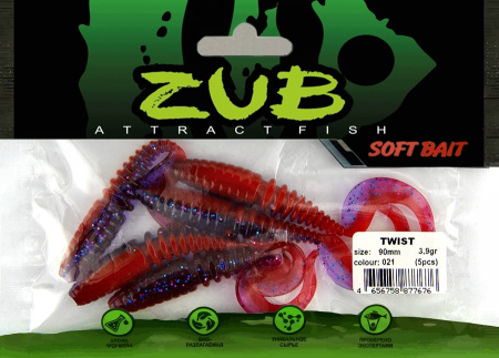 Приманка ZUB-TWIST  90мм(3,5")-5шт, (цвет 021) фиолетовый верх-красный низ