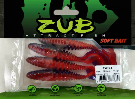 Приманка ZUB-TWIST 100мм(4")-4шт, (цвет 021) фиолетовый верх -красный низ
