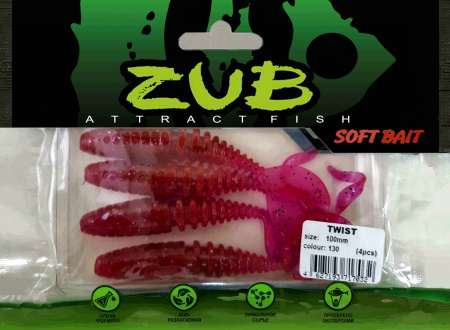 Приманка ZUB-TWIST 100мм(4")-4шт, (цвет 130) маджента с блестками