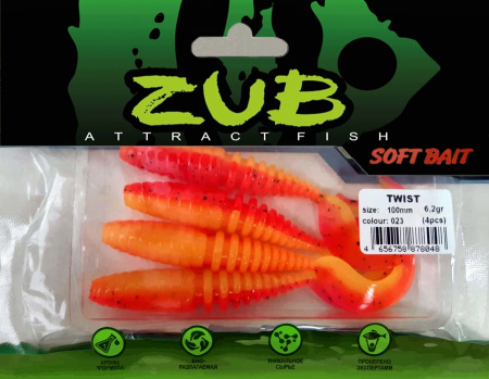 Приманка ZUB-TWIST 100мм(4")-4шт, (цвет 023) розовый верх - желтый низ