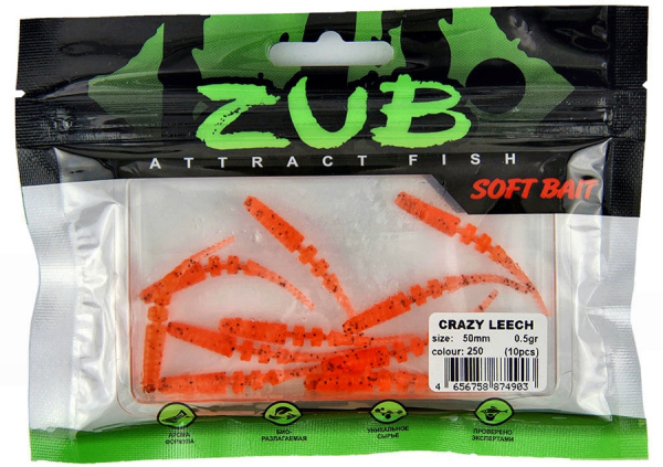 Приманка ZUB-CRAZY LEECH 50мм(2")-10шт, (цвет 250) морковный с блестками Приманка ZUB-CRAZY LEECH 50мм(2")-10шт, (цвет 250) морковный с блестками