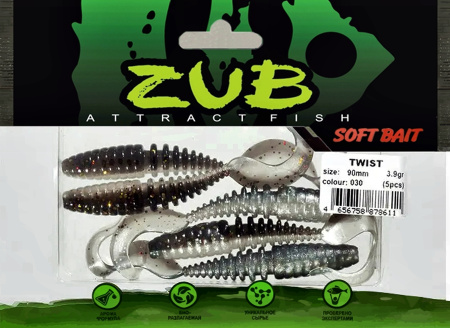Приманка ZUB-TWIST 100мм(4")-4шт, (цвет 030) черный верх-натурал низ