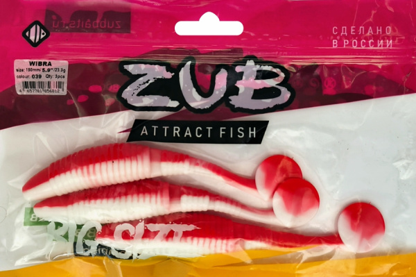 Приманка ZUB-WIBRA 150мм(5,9")-3шт, (цвет 039) красный верх-белый низ (в)