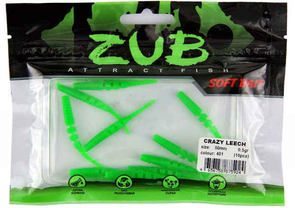 Приманка ZUB-CRAZY LEECH 50мм(2")-10шт, (цвет 401) зеленый Приманка ZUB-CRAZY LEECH 50мм(2")-10шт, (цвет 401) зеленый