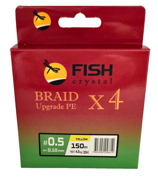 Плетёный шнур из 4-х нитей, FISH CRYSTAL жёлтый, 0.10мм, 150м, 4,5кг