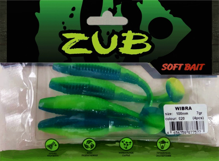 Приманка ZUB-WIBRA 100мм(4")-4шт, (цвет 020) синий верх - желтый низ