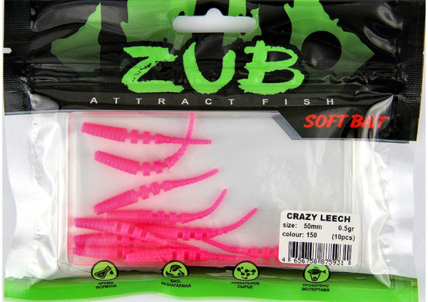 Приманка ZUB-CRAZY LEECH 50мм(2")-10шт, (цвет 150) розовый Приманка ZUB-CRAZY LEECH 50мм(2")-10шт, (цвет 150) розовый