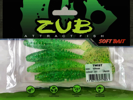 Приманка ZUB-TWIST 100мм(4")-4шт, (цвет 351) шартрез с блестками