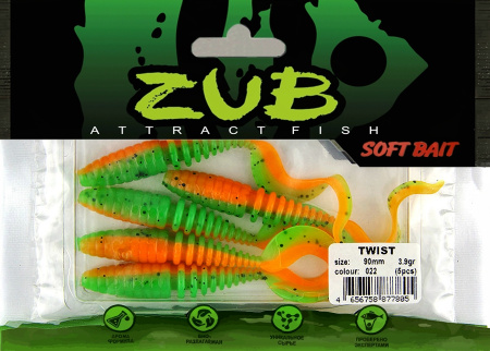 Приманка ZUB-TWIST  90мм(3,5")-5шт, (цвет 022) зеленый верх-оранжевый низ