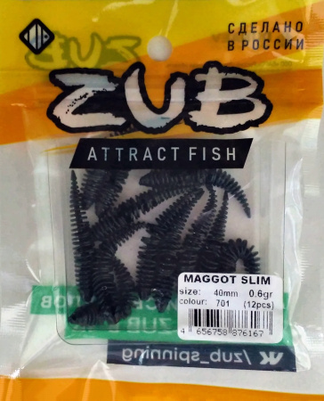 Приманка ZUB-MAGGOT SLIM 40мм(1,5")-12шт, (цвет 701) черный