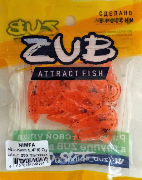Приманка ZUB-NIMFA 35мм(1,4")-12шт, (цвет 250) морковный с блестками Приманка ZUB-NIMFA 35мм(1,4")-12шт, (цвет 250) морковный с блестками