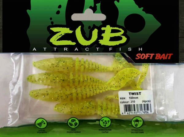 Приманка ZUB-TWIST 100мм(4")-4шт, (цвет 310) желтый с блестками Приманка ZUB-TWIST 100мм(4")-4шт, (цвет 310) желтый с блестками
