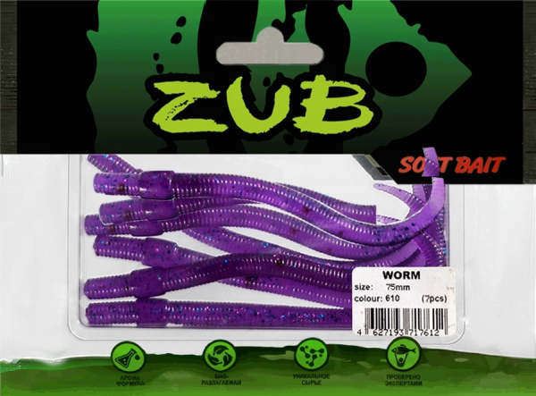 Приманка ZUB-WORM  75мм(3")-7шт, (цвет 610) фиолетовый с блестками Приманка ZUB-WORM  75мм(3")-7шт, (цвет 610) фиолетовый с блестками