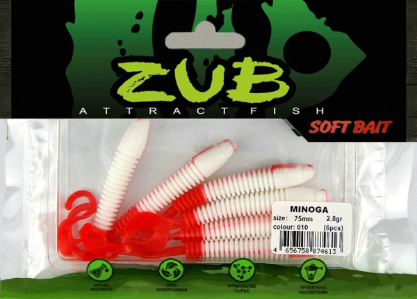 Приманка ZUB-MINOGA  75мм(3")-6шт, (цвет 010) белое тело-красный хвост Приманка ZUB-MINOGA  75мм(3")-6шт, (цвет 010) белое тело-красный хвост