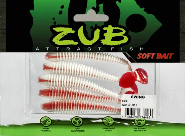 Приманка ZUB-SWING  87мм(3,4")-5шт, (цвет 010) белое тело-красный хвост Приманка ZUB-SWING  87мм(3,4")-5шт, (цвет 010) белое тело-красный хвост