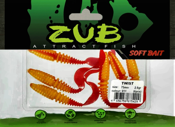 Приманка ZUB-TWIST  75мм(3")-6шт, (цвет 011) желтое тело-красный хвост Приманка ZUB-TWIST  75мм(3")-6шт, (цвет 011) желтое тело-красный хвост
