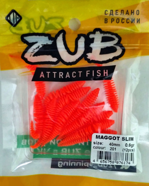 Приманка ZUB-MAGGOT SLIM 40мм(1,5")-12шт, (цвет 201) оранжевый Приманка ZUB-MAGGOT SLIM 40мм(1,5")-12шт, (цвет 201) оранжевый