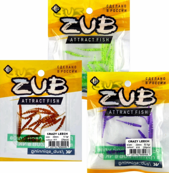 Приманка ZUB-CRAZY LEECH  30мм(1,2")-20шт, (цвет 505) зеленый с блестками
