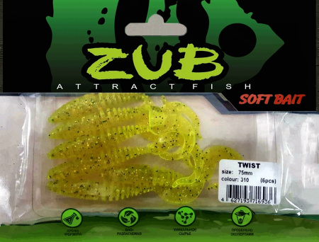 Приманка ZUB-TWIST  75мм(3")-6шт, (цвет 310) желтый с блестками