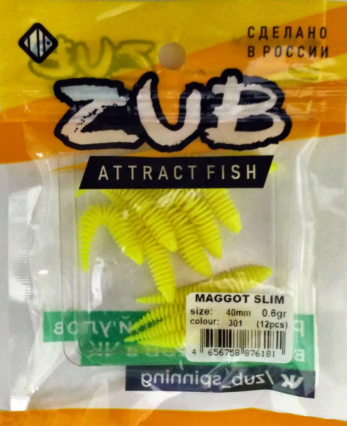Приманка ZUB-MAGGOT SLIM 40мм(1,5")-12шт, (цвет 301) желтый Приманка ZUB-MAGGOT SLIM 40мм(1,5")-12шт, (цвет 301) желтый