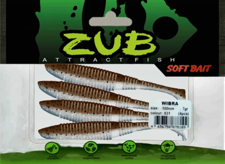 Приманка ZUB-WIBRA 100мм(4")-4шт, (цвет 031) карамель верх-натурал низ