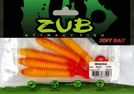 Приманка ZUB-MINOGA  90мм(3,5")-5шт, (цвет 011) желтое тело-красный хвост